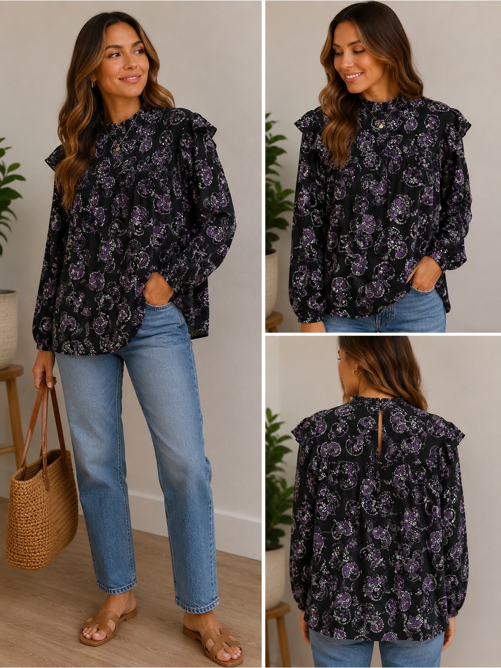 LOFT Black Purple Paisley Ruffle Mock Neck Blouse XL Long Sleeve Floral Top